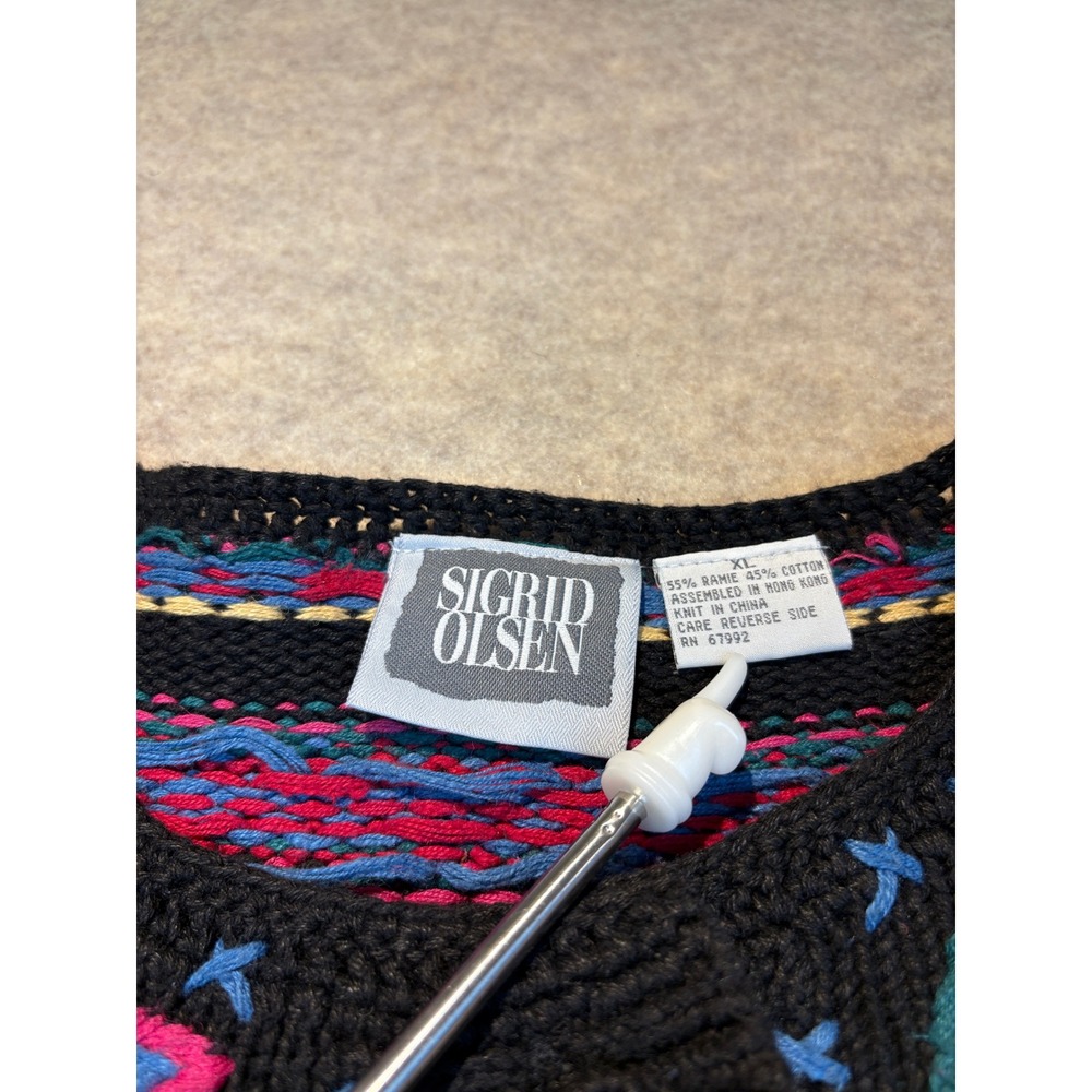 Vintage 90s Sigrid Olsen Embroidered Paisley Cardigan Sweater Black XL Cotton - Picture 4 of 8